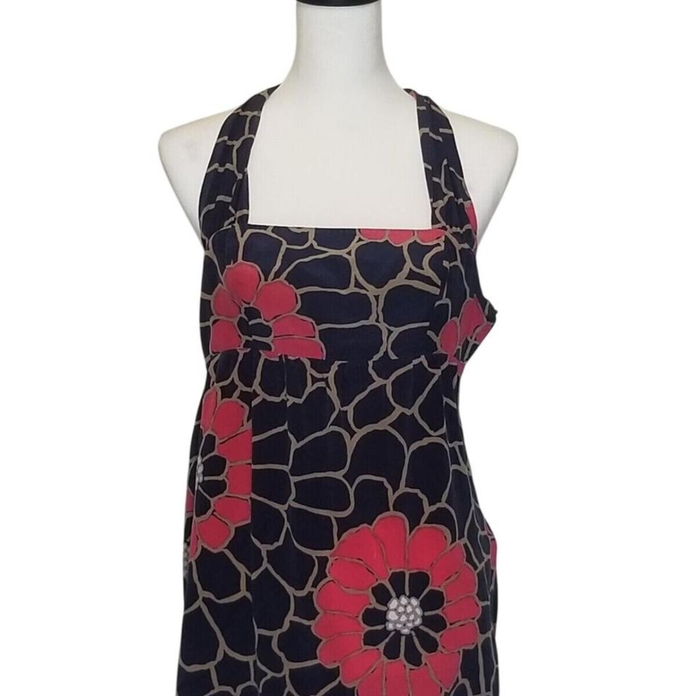 Tabitha Anthropologie Babydoll Floral Silk Halter Top Bow Tie‎ Navy Pink Size 2
